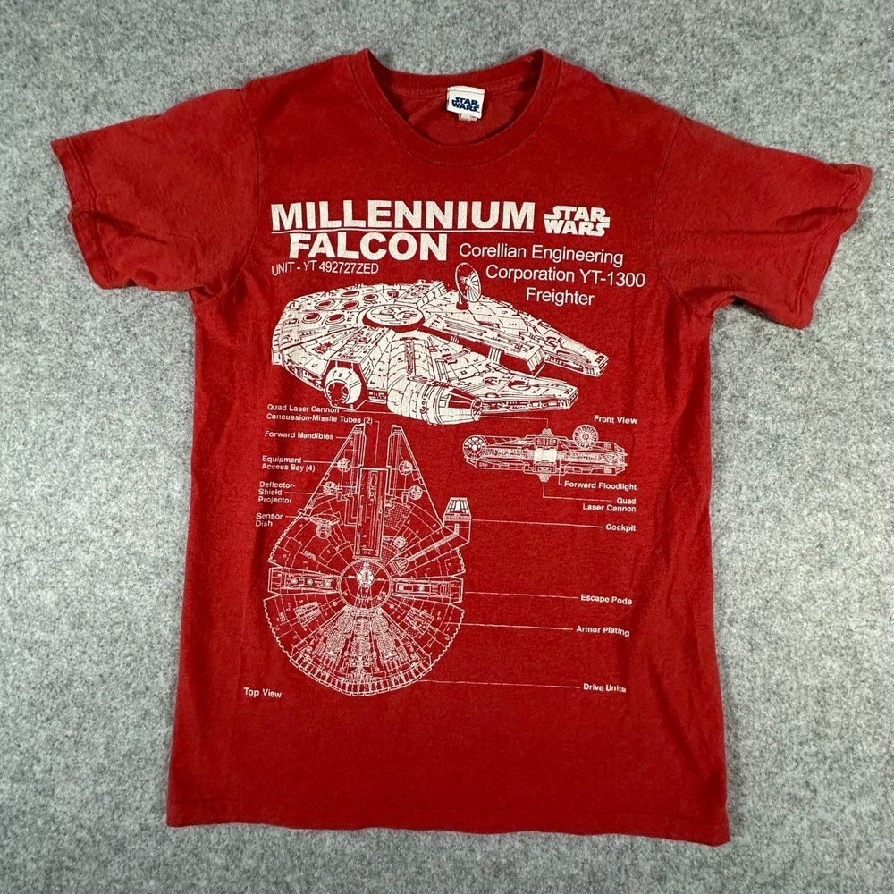 Star Wars Millennium Falcon T-Shirt Small Red Mens Blueprint Graphic Tee